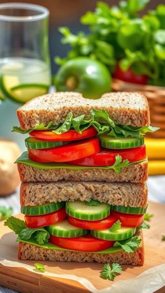 Colorful vegetarian sandwiches filled with avocado, roasted peppers, cucumbers, and greens on a picnic table.